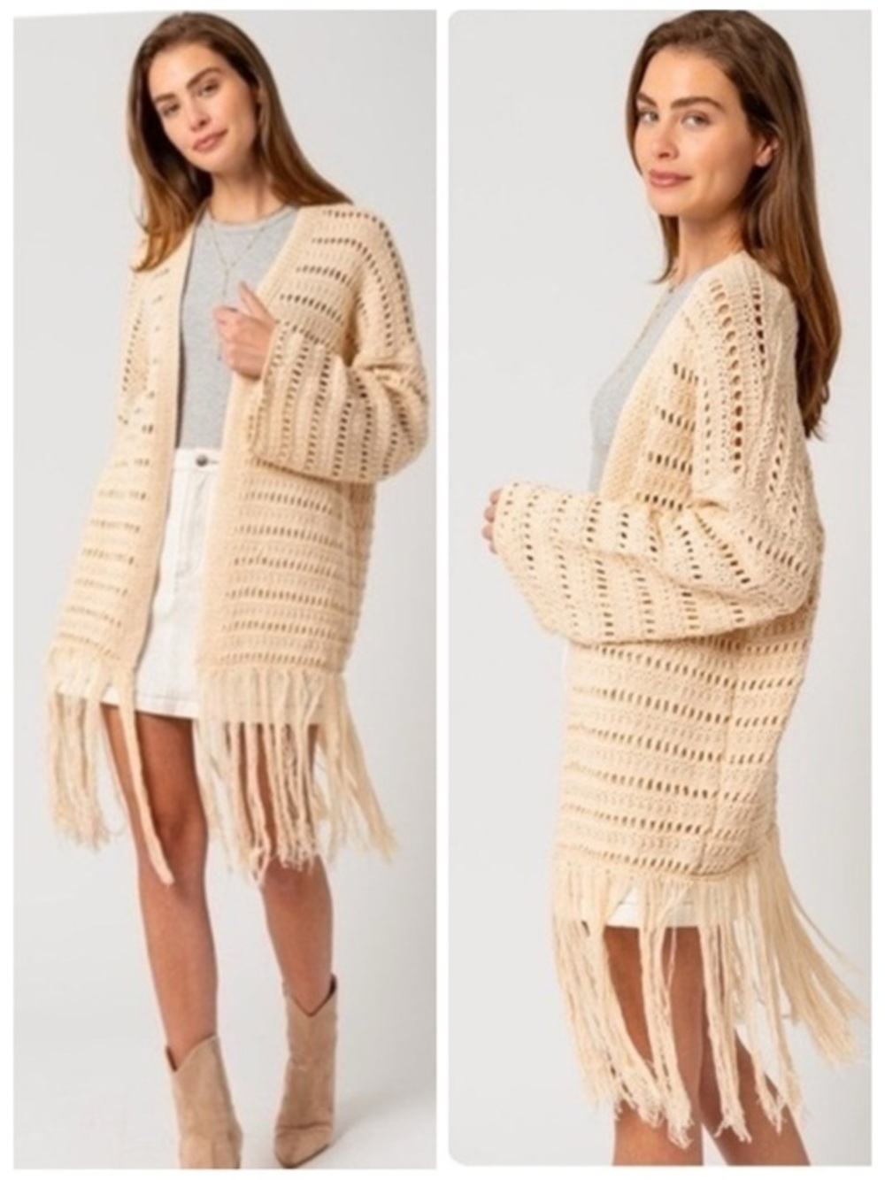 Crochet Knit Fringe Cardigan Boho Dreams by Gilli Natural Beige Size Medium